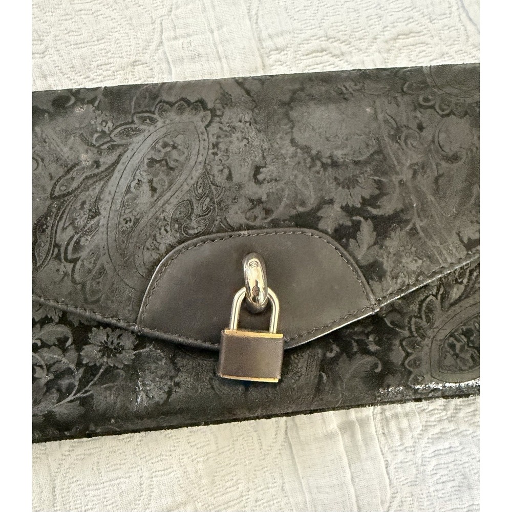 Miss Mak Vintage 90s Boho Y2K Black Leather Padlock Paisley Chain Clutch Bag - Picture 4 of 10